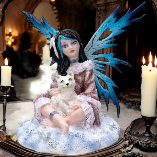 Polyresin Fairy with Pet Wolf Figurine, Gothic Decor, Cottagecore, Magic Fantasy Decor, Gift for Her