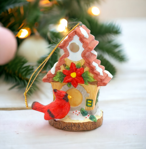 Ceramic Cardinal Bird with Birdhouse Light Cover Ornament, Home Décor, Gift for Her, Mom, Christmas tree Décor