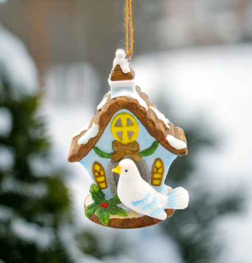 Ceramic Dove Bird with Birdhouse Light Cover Ornament, Home Décor, Gift for Her, Mom, Christmas tree Décor, Wall Decor