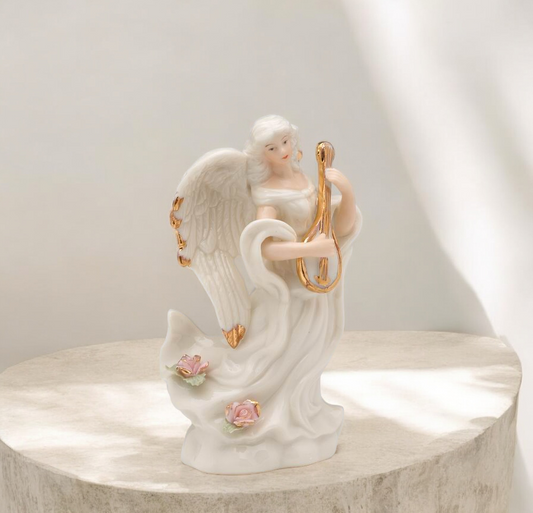 Ceramic Angel Playing Lute Figurine, Religious Gift or Decor, Vintage Decor