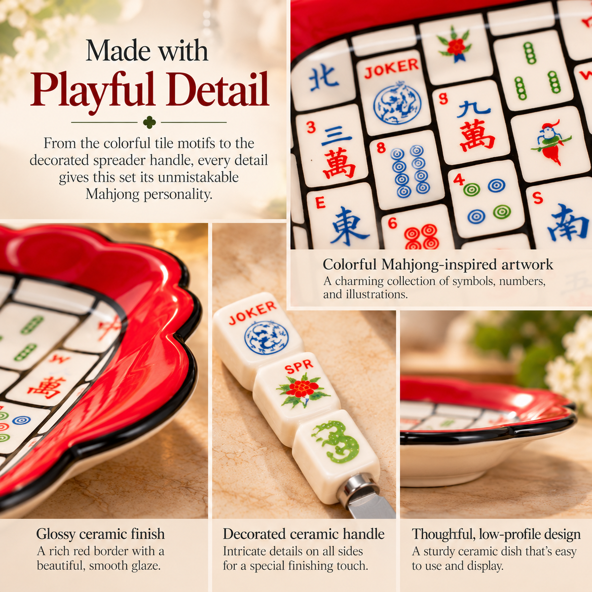 Mahjong Ceramic Dish & Spreader Set | Gift for Mahjong Players & Game Night Hosts