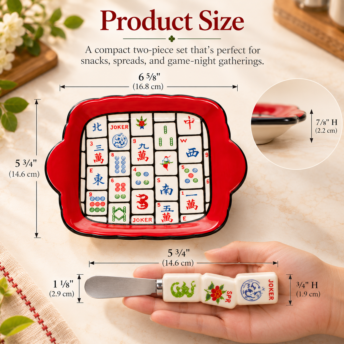 Mahjong Ceramic Dish & Spreader Set | Gift for Mahjong Players & Game Night Hosts