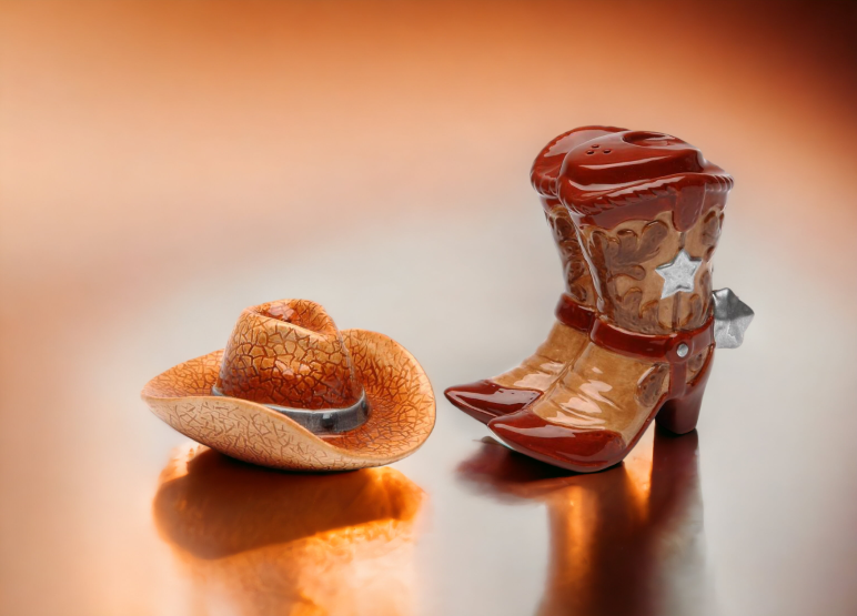 Wild West: Hand Painted Ceramic Cowboy Hat and Boots Salt and Pepper Shakers, Home Décor, Gift for Him, Gift for Dad, Kitchen Décor