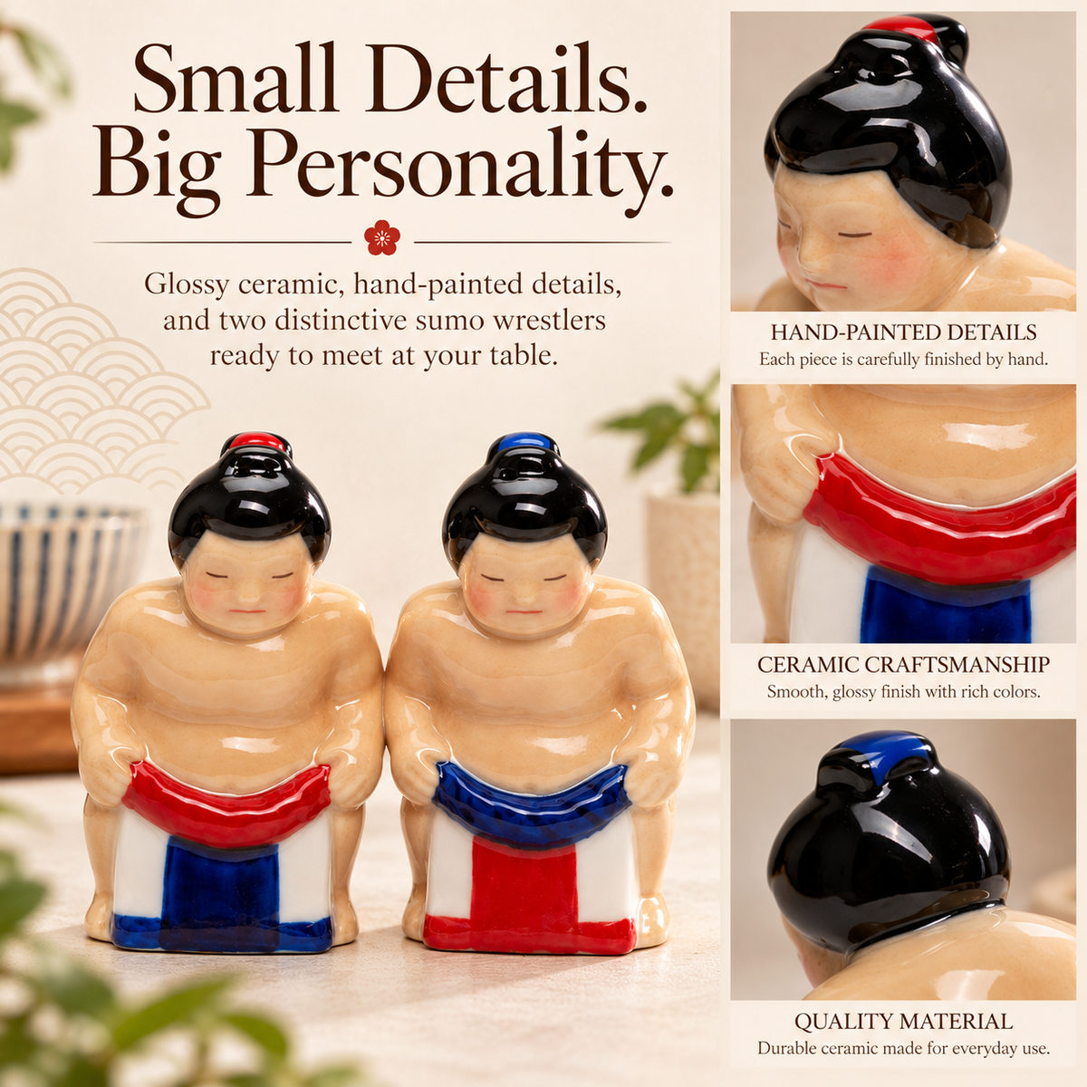 Ceramic Sumo Wrestler Salt and Pepper Shakers, Japanese Culture, Sushi Lover Gift