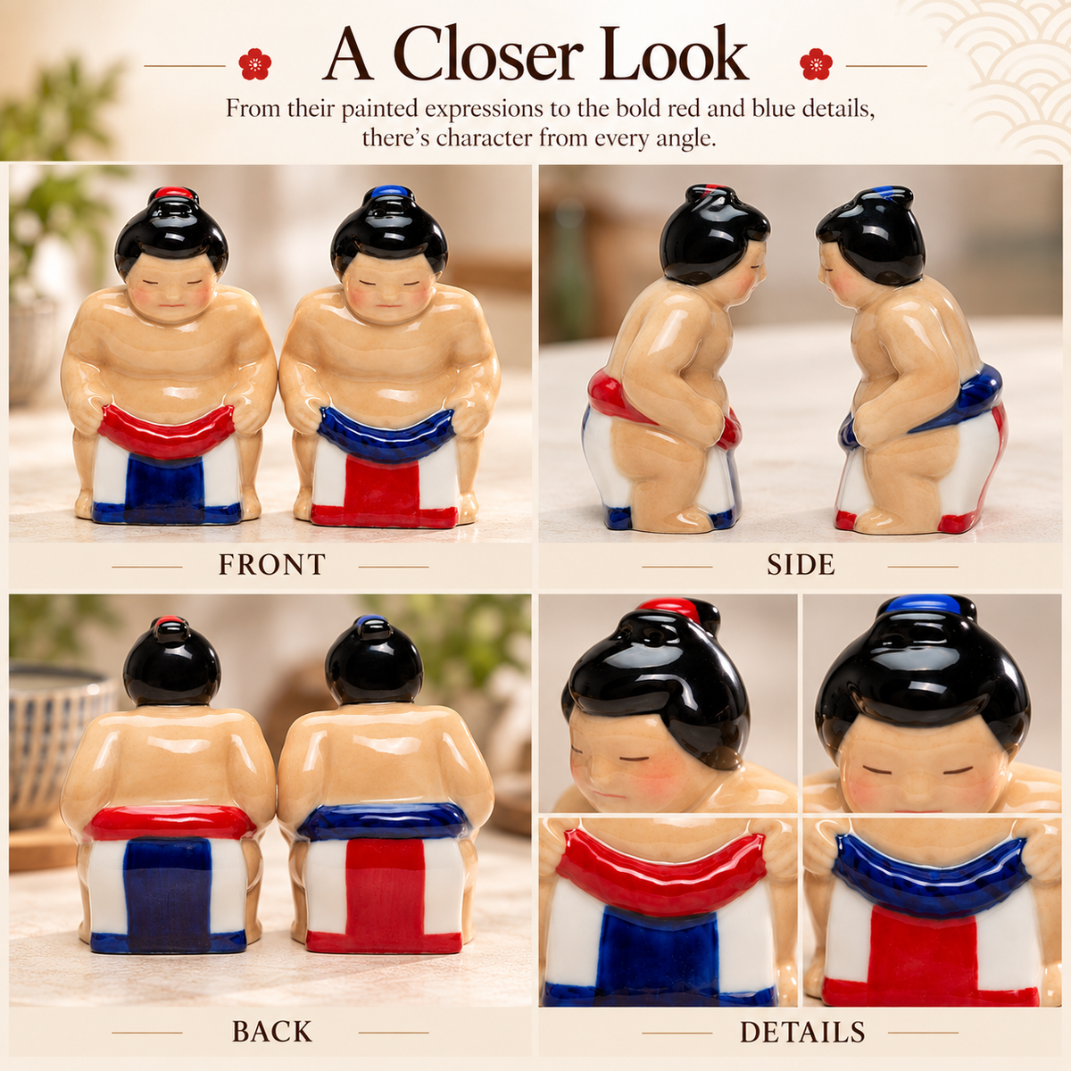 Ceramic Sumo Wrestler Salt and Pepper Shakers, Japanese Culture, Sushi Lover Gift