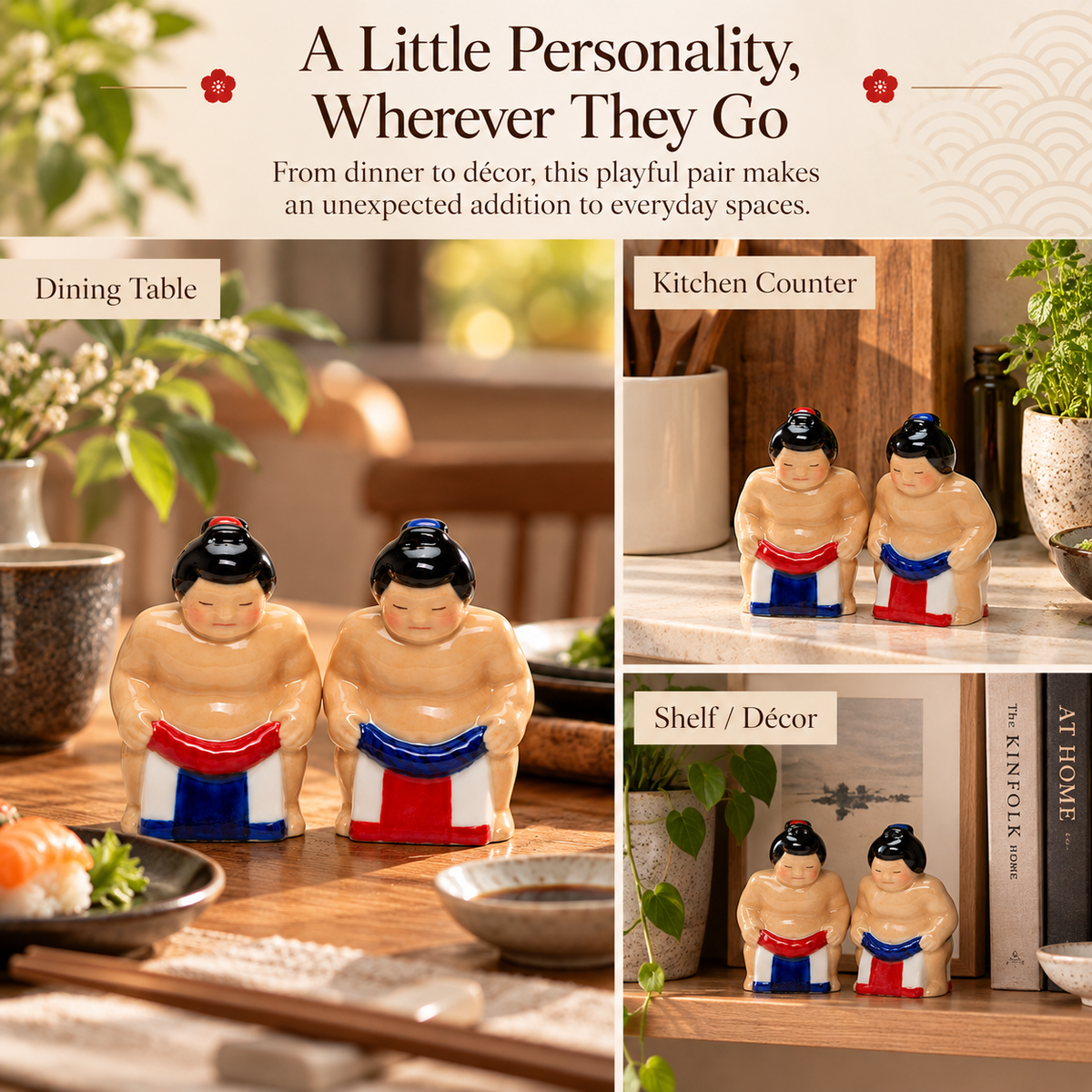 Ceramic Sumo Wrestler Salt and Pepper Shakers, Japanese Culture, Sushi Lover Gift
