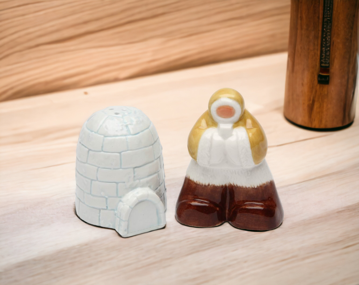 Hand Painted Ceramic Eskimo With Igloo Salt & Pepper Shakers, Home Décor, Gift for Her, Gift for Mom, Kitchen Décor