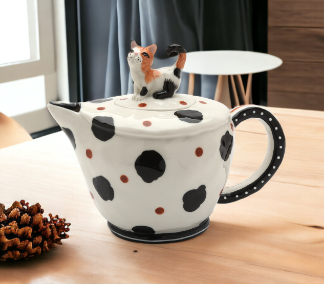 Ceramic Cow-Print Cat Teapot, Gift for Her, Gift for Mom, Tea Party Décor, Café Décor, Farmhouse Décor, Kitchen Decor, Cat Lover Gift