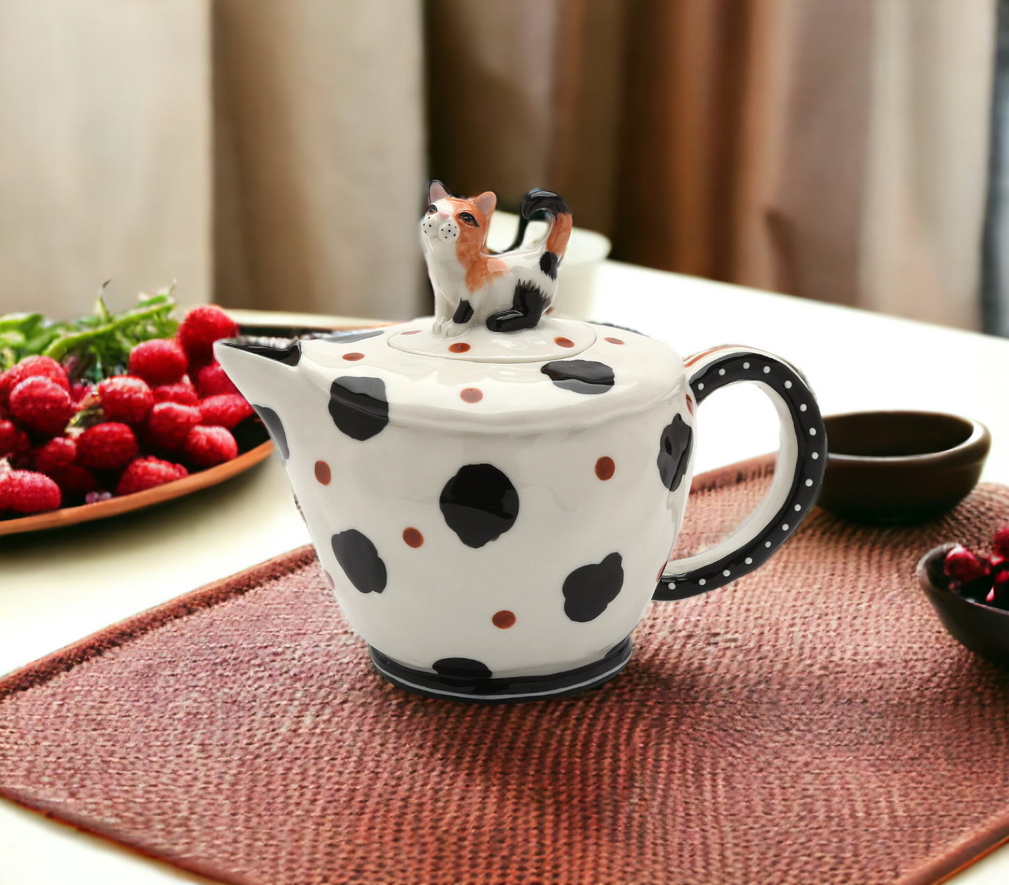 Ceramic Cow-Print Cat Teapot, Gift for Her, Gift for Mom, Tea Party Décor, Café Décor, Farmhouse Décor, Kitchen Decor, Cat Lover Gift