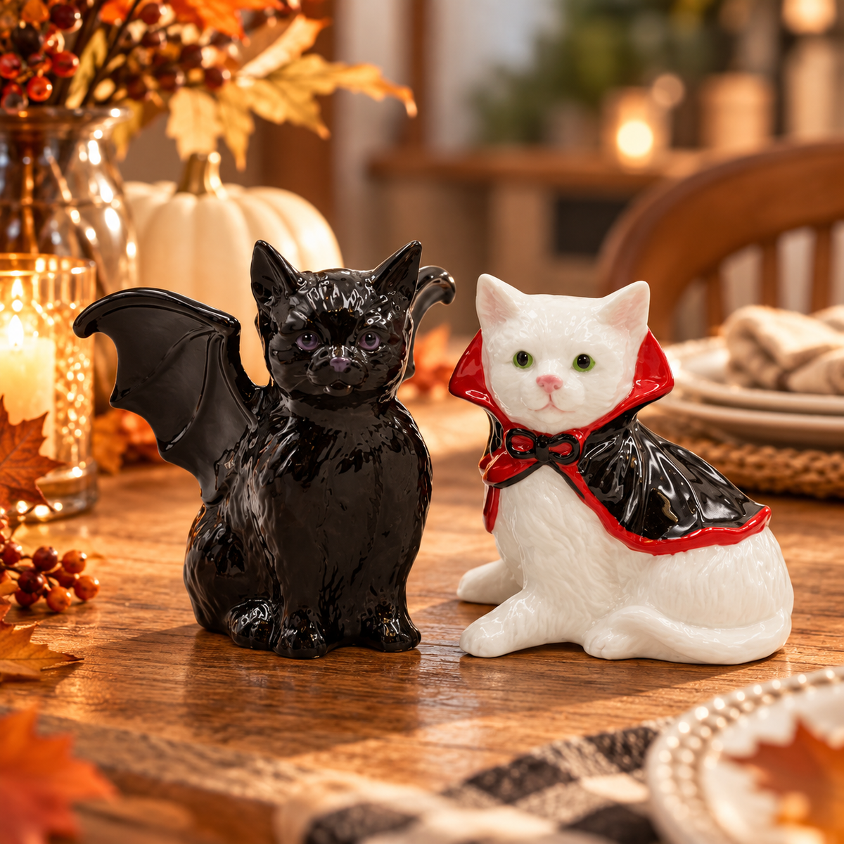 Halloween Vampire & Dracula Cat Salt and Pepper Shakers, Handpainted Ceramic
