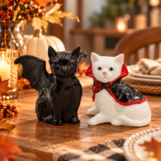Halloween Vampire & Dracula Cat Salt and Pepper Shakers, Handpainted Ceramic