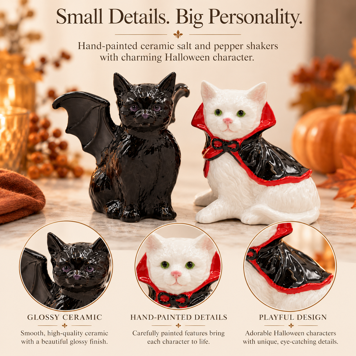 Halloween Vampire & Dracula Cat Salt and Pepper Shakers, Handpainted Ceramic