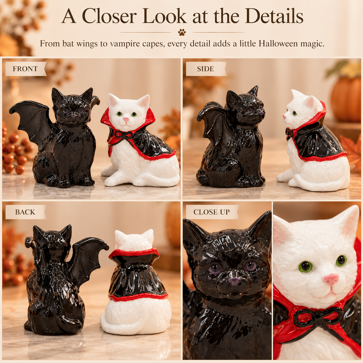 Halloween Vampire & Dracula Cat Salt and Pepper Shakers, Handpainted Ceramic