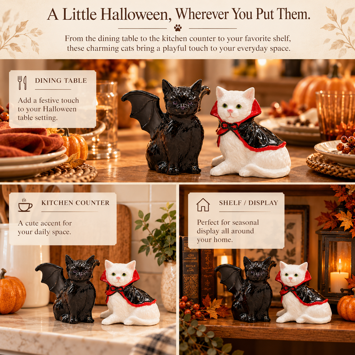 Halloween Vampire & Dracula Cat Salt and Pepper Shakers, Handpainted Ceramic
