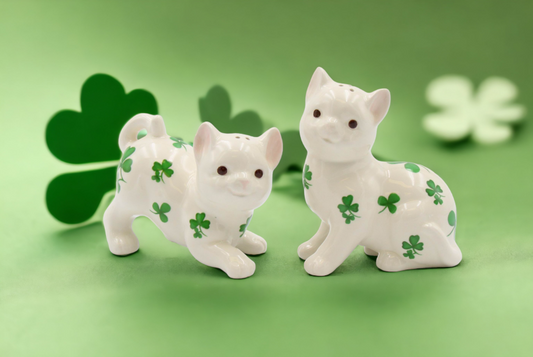 Ceramic Cats with Shamrock Design Salt and Pepper Shakers, Home Décor, Gift for Her, Mom, Kitchen Décor, Irish Saint Patrick’s Day Décor