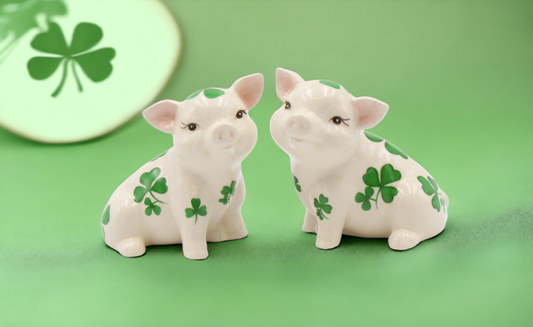 Ceramic Pigs with Shamrock Design Salt and Pepper Shakers, Gift for Her, Gift for Mom, Kitchen Décor, Irish Saint Patrick’s Day Décor