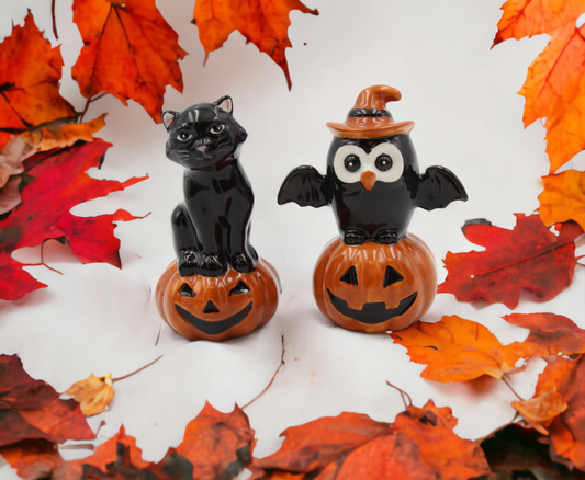 Ceramic Halloween Decor Black Owl And Black Cat On Pumpkin Salt And Pepper, Home Décor, Gift for Her, Mom, Kitchen Décor, Fall Décor
