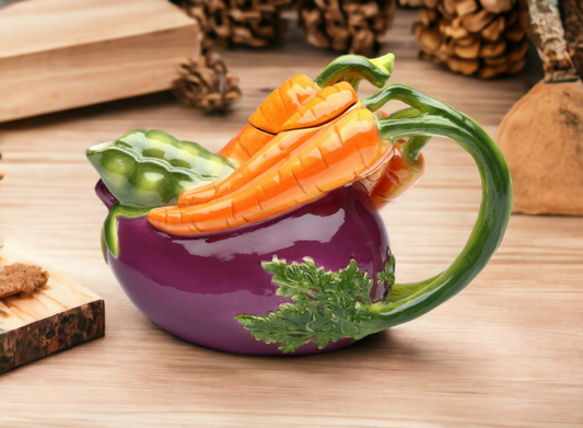 Ceramic Eggplant and Carrots Teapot, Gift for Her, Gift for Mom, Tea Party Décor, Café Décor, Farmhouse Décor, Kitchen Decor