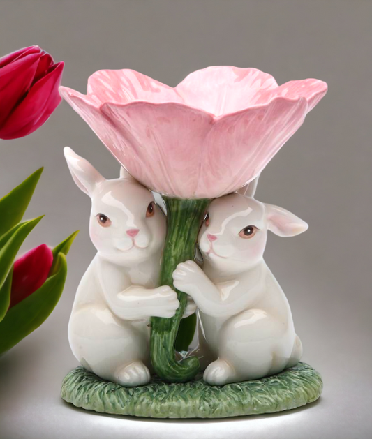 Ceramic Easter Bunny Rabbits with Pink Flower Candle Holder, Gift for Her, Gift for Mom, Kitchen Décor, Spring Décor, Easter Décor