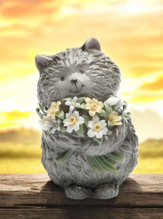 Ceramic Grey Cat with Flowers Figurine, Cat Lover Gift, Gift for Her, Gift for Mom, Home Decor