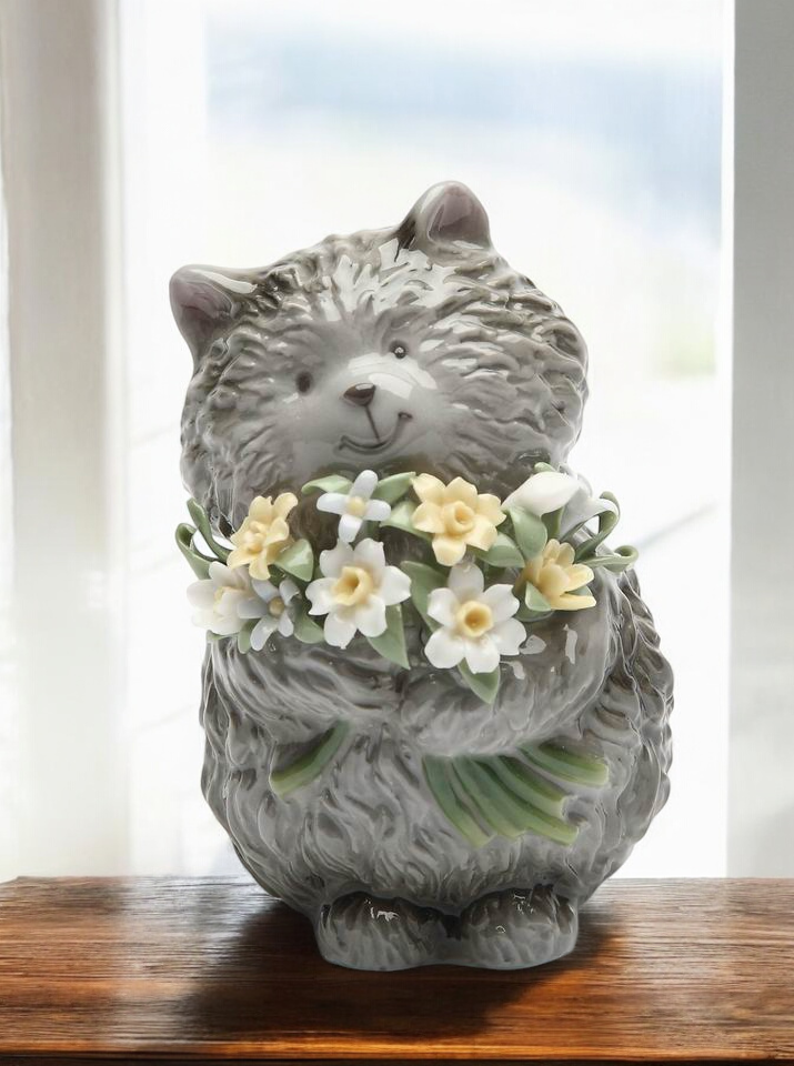 Ceramic Grey Cat with Flowers Figurine, Cat Lover Gift, Gift for Her, Gift for Mom, Home Decor