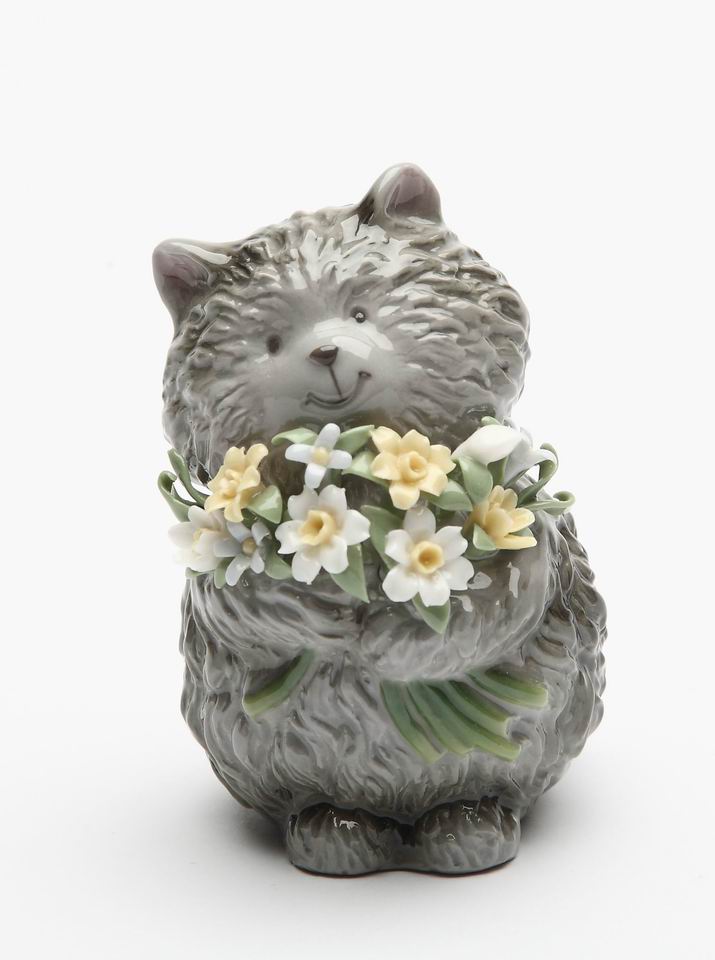 Ceramic Grey Cat with Flowers Figurine, Cat Lover Gift, Gift for Her, Gift for Mom, Home Decor