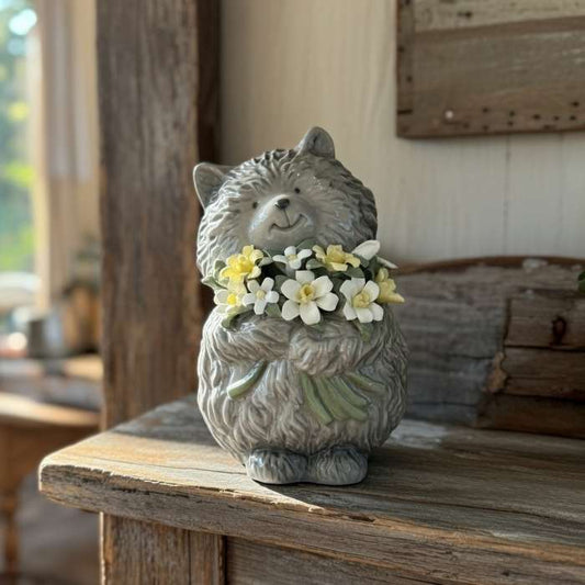 Ceramic Grey Cat with Flowers Figurine, Cat Lover Gift, Gift for Her, Gift for Mom, Valentine's Day Gift