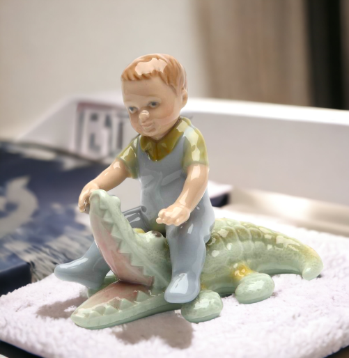 Ceramic Boy With Alligator Figurine, Nursery Room Decor, Baby Shower Gift, Home Decor