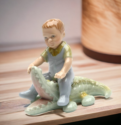 Ceramic Boy With Alligator Figurine, Nursery Room Decor, Baby Shower Gift, Home Decor