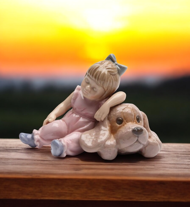 Ceramic Little Girl Sleeping on Dog Figurine, Dog Lover Gift, Pet Loss Gift, Kids' Room Decor