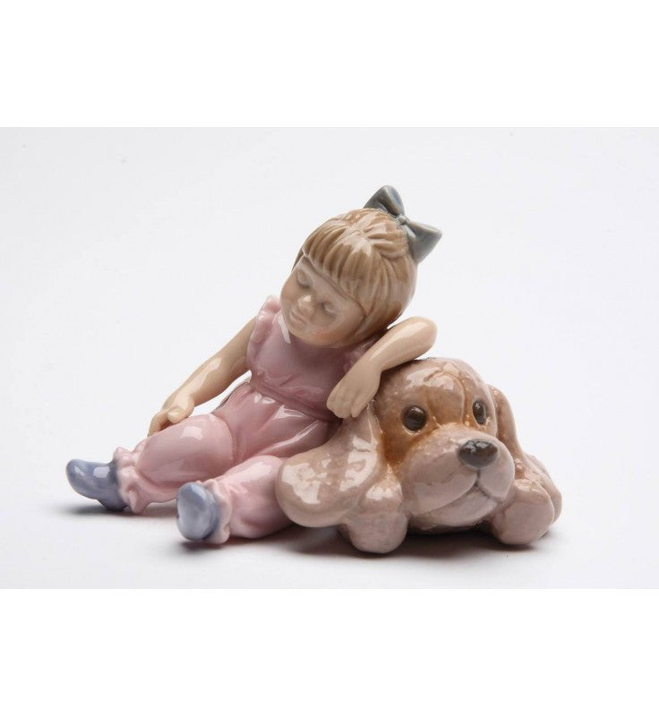 Ceramic Little Girl Sleeping on Dog Figurine, Dog Lover Gift, Pet Loss Gift, Kids' Room Decor