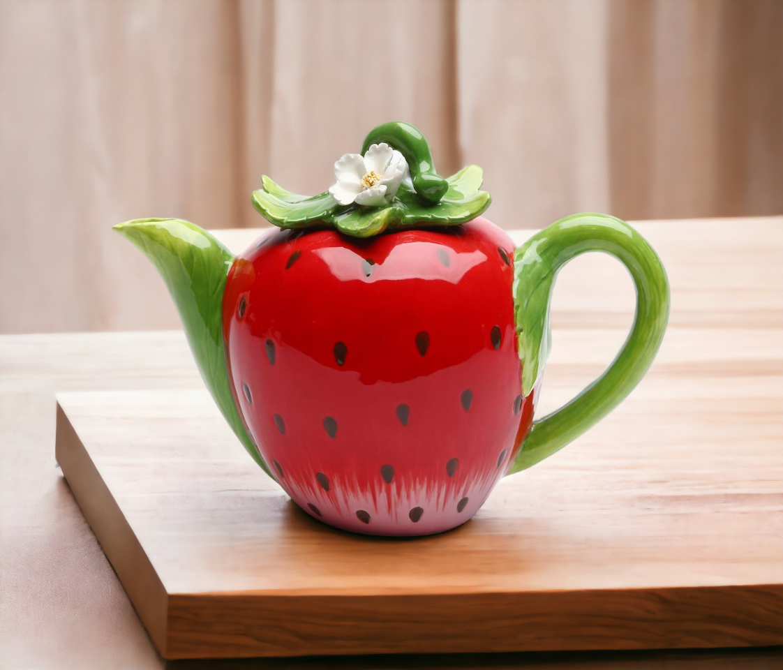 Hand Painted Ceramic Strawberry Teapot, Gift for Her, Gift for Mom, Tea Party Décor, Café Décor, Farmhouse Décor