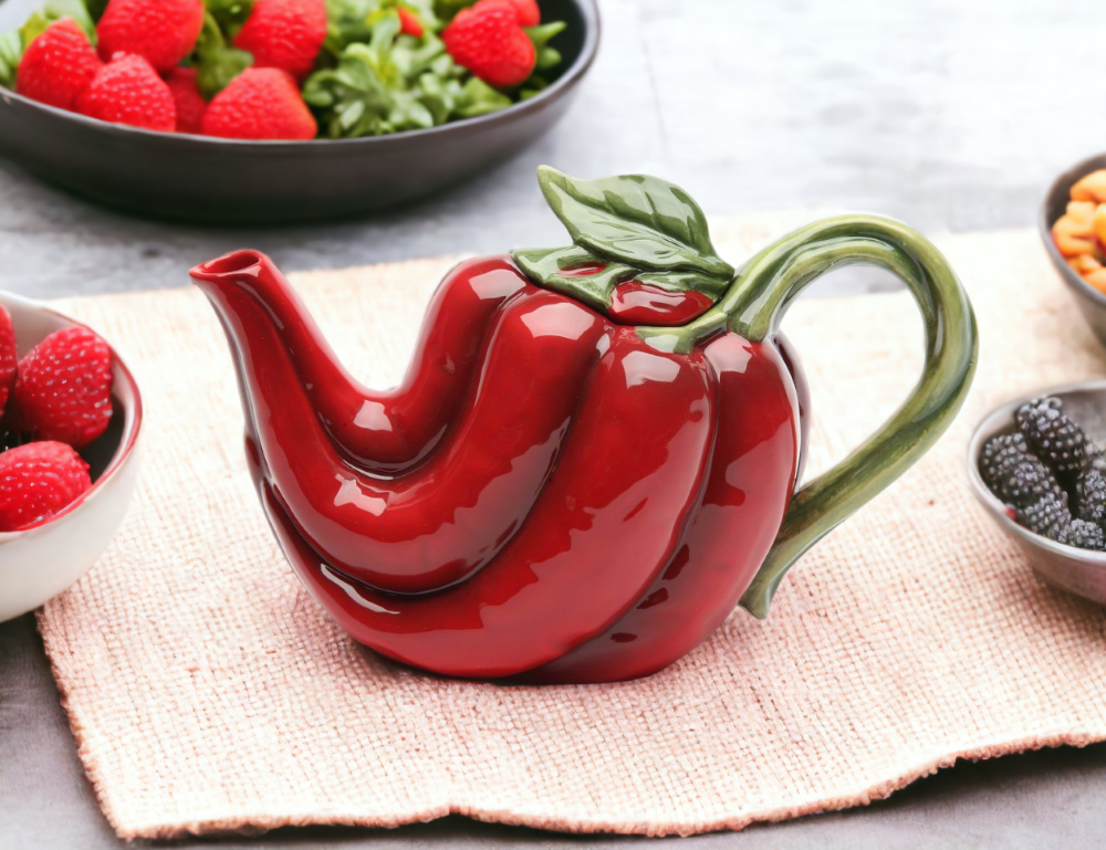 Hand Painted Ceramic Red Chili Pepper Teapot, Gift for Her, Gift for Mom, Tea Party Décor, Café Décor, Farmhouse Décor