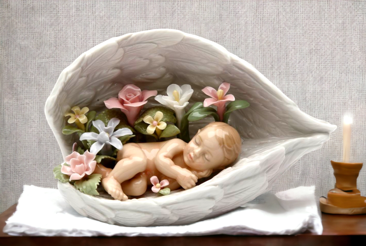 Ceramic Baby in Angel's Wings Covered by Flowers, Gift for New Parents, Baby Shower Gift, Home Decor, Nursery Room Decor