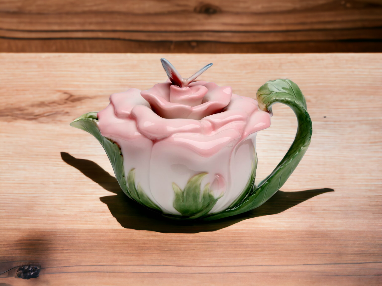 Ceramic Victorian Pink Rose Teapot with Butterfly, Gift for Her, Gift for Mom, Tea Party Décor, Café Décor, Farmhouse Décor, Cottagecore