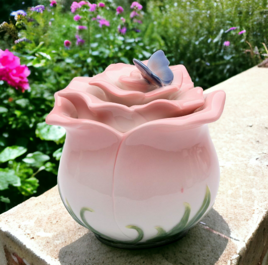 Ceramic Pink Rose Flower With Butterfly Jewelry Box, Home Décor, Gift for Her, Gift for Mom, Vanity Décor, Wedding Table Décor