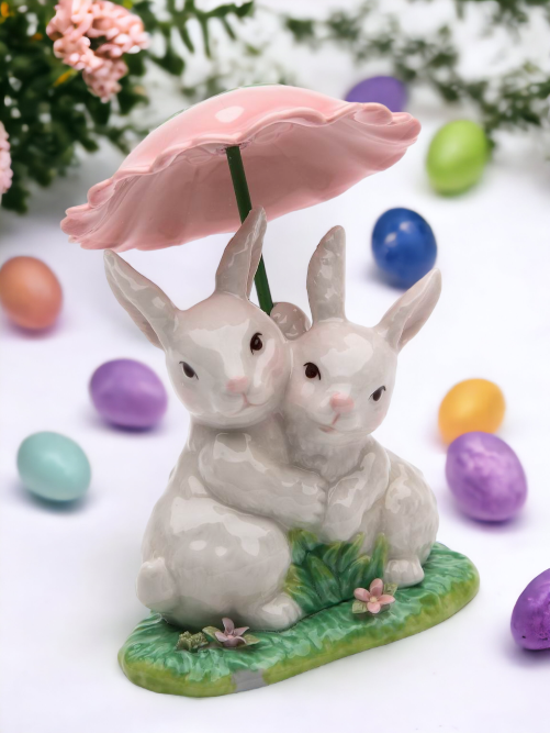 Ceramic Bunny Rabbits Sharing a Flower Umbrella, Home Décor, Gift for Her, Gift for Mom, Kitchen Décor, Spring Décor, Easter Décor