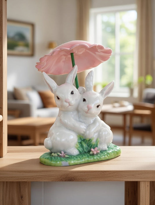 Ceramic Bunny Rabbits Sharing a Flower Umbrella, Home Décor, Gift for Her, Gift for Mom, Kitchen Décor, Spring Décor, Easter Décor