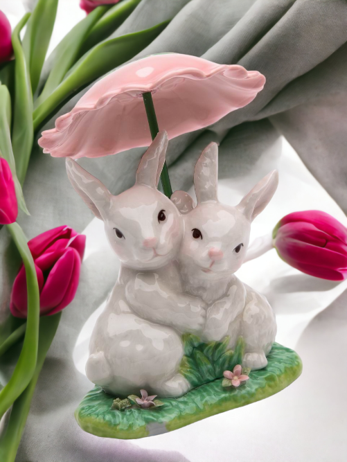 Ceramic Bunny Rabbits Sharing a Flower Umbrella, Home Décor, Gift for Her, Gift for Mom, Kitchen Décor, Spring Décor, Easter Décor