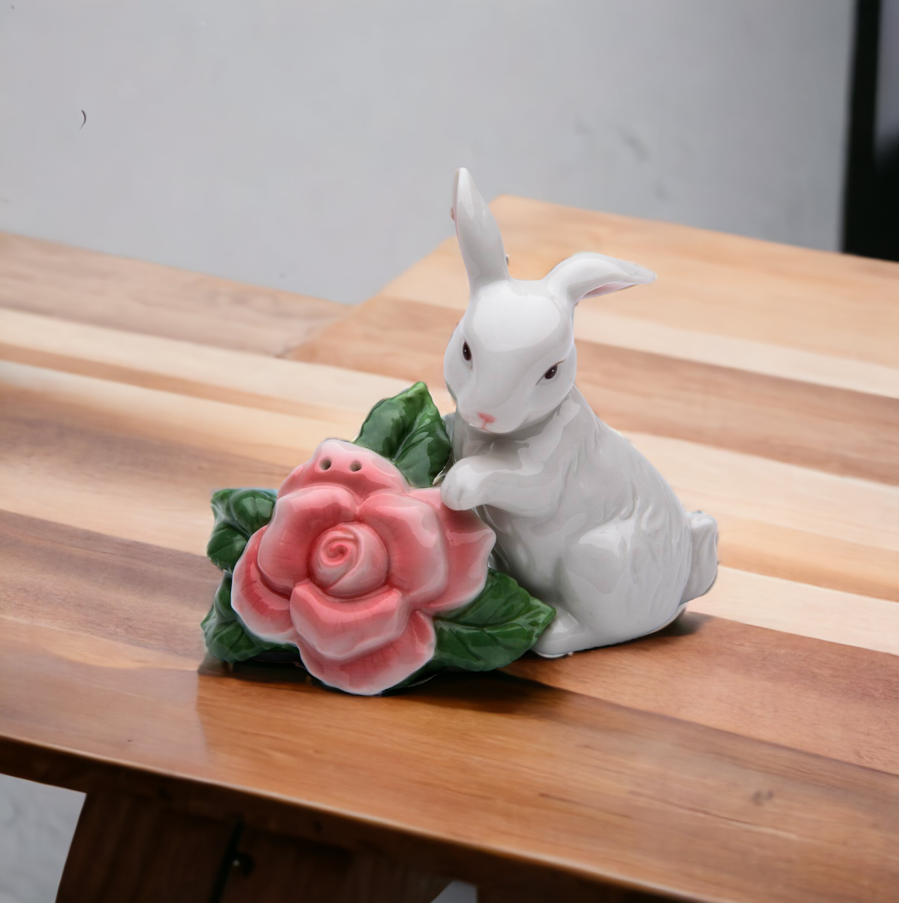 Ceramic Rabbit With Rose Flower Salt & Pepper Shakers, Home Décor, Gift for Her, Gift for Mom, Kitchen Décor, Spring Décor, Easter Décor