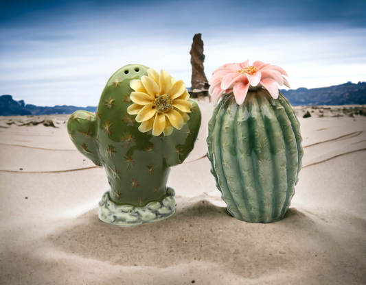 Hand Crafted Ceramic Cactus with Flowers Salt & Pepper Shakers, Home Décor, Gift for Her, Gift for Mom, Kitchen Décor, Dining Table Décor