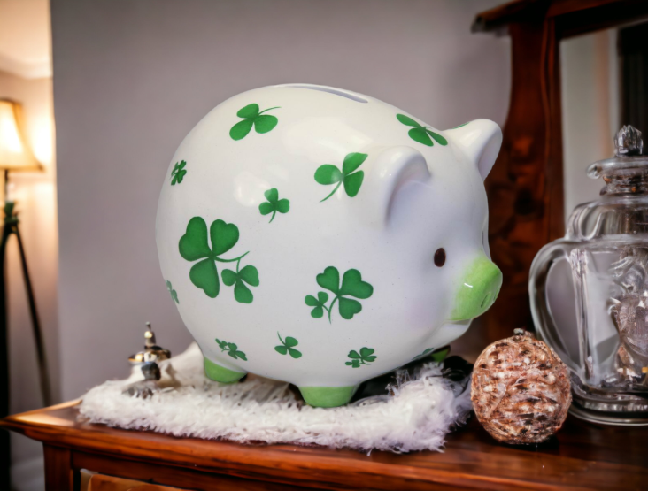 Ceramic Pig with Shamrock Design Piggy Bank, Home Décor, Gift for Her, Gift for Mom, Kitchen Décor, Irish Saint Patrick’s Day Décor