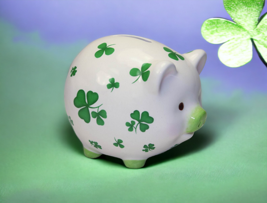 Ceramic Pig with Shamrock Design Piggy Bank, Home Décor, Gift for Her, Gift for Mom, Kitchen Décor, Irish Saint Patrick’s Day Décor