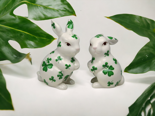 Ceramic Irish Easter Bunny Rabbit with Shamrock Pattern Salt and Pepper Shakers, Gift for Her or Mom, Kitchen Décor, Saint Patrick’s Day