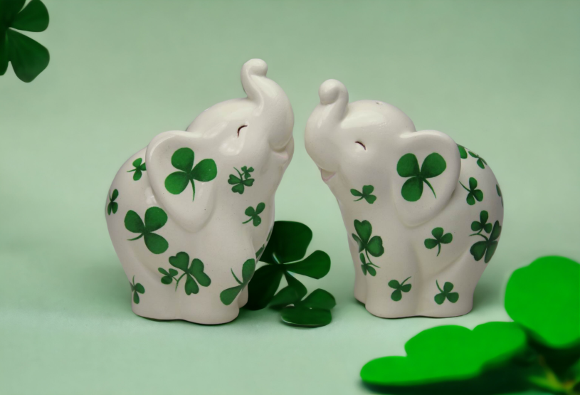 Ceramic Elephant with Shamrock Salt and Pepper Shakers, Home Décor, Gift for Her, Mom, Kitchen Décor, Irish Saint Patrick’s Day Décor