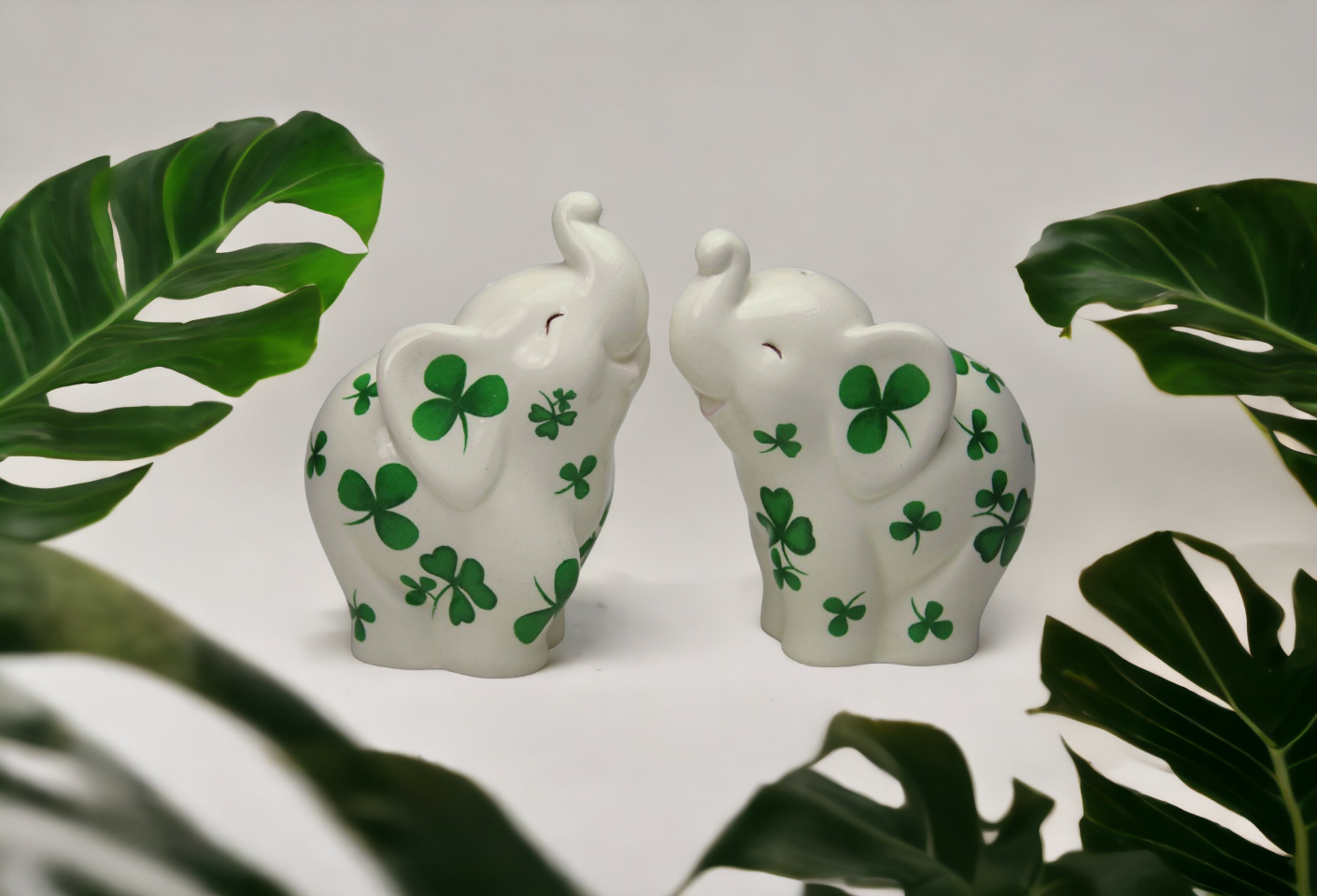 Ceramic Elephant with Shamrock Salt and Pepper Shakers, Home Décor, Gift for Her, Mom, Kitchen Décor, Irish Saint Patrick’s Day Décor