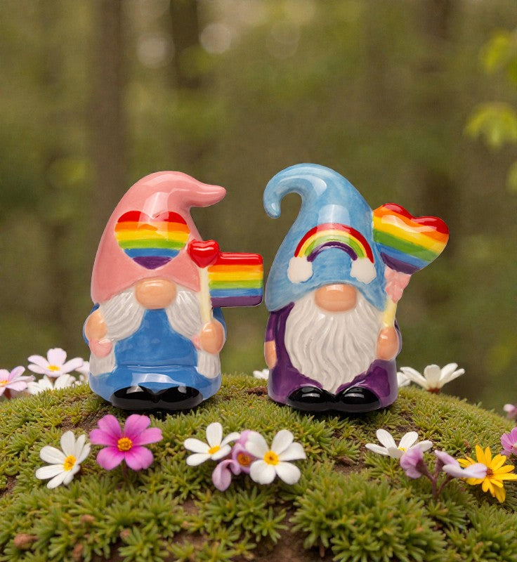Ceramic Rainbow Gnome Salt and Pepper Shakers, Gnome Collector Gift, Pride Month Decor