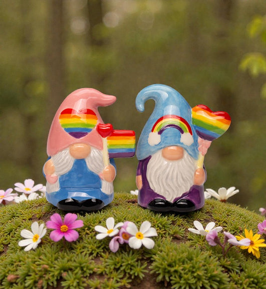 Ceramic Rainbow Gnome Salt and Pepper Shakers, Gnome Collector Gift, Pride Month Decor