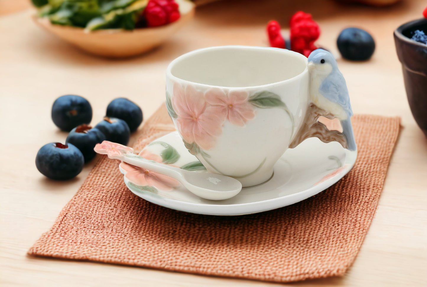 Ceramic Flower with Bluebird Cup and Saucer and Spoon-2 Sets, Gift for Mom, Gift for Friend or Coworker, Tea Party Décor, Café Decor