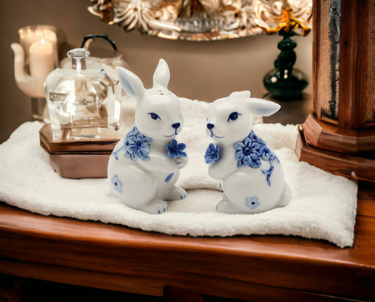 Ceramic Easter Bunny Rabbits with Blue Flowers Salt and Pepper Shakers, Gift for Her or Mom, Kitchen Décor, Spring or Easter Décor